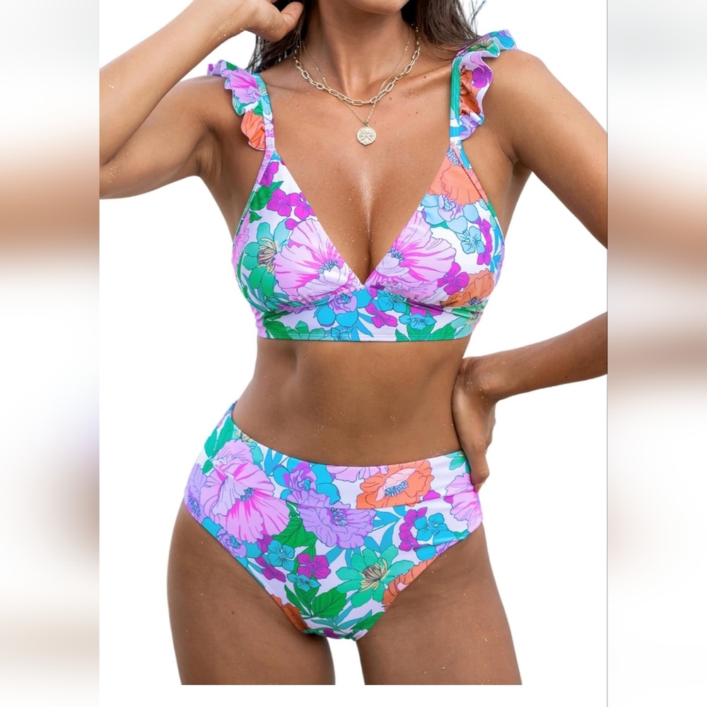 Nwt Size M Floral Bikini Set with Ruffle Straps